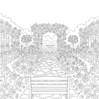 A rose garden in full bloom, viewed from a garden bench, with a central rose coloring page