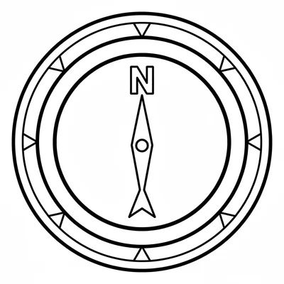 A simple round antique compass with a glass face, a needle pointing north coloring page