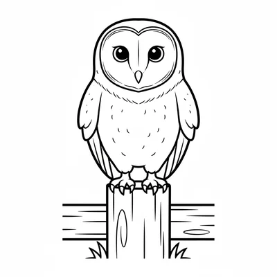 A simple round barn owl perched on a fencepost, viewed from the front coloring page