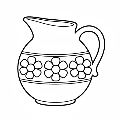 A round ceramic pitcher with a wide spout and a looped handle, decorated coloring page