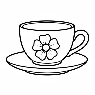 A simple round ceramic teacup on a saucer, viewed from a slight angle coloring page