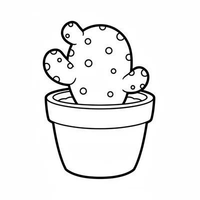 A round clay pot with a cactus plant inside, viewed from the front. The cactus coloring page