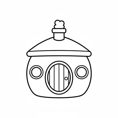 A round cottage with a circular wooden door at the center, a single chimney coloring page