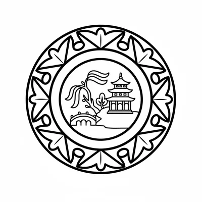 A simple round decorative plate with a willow pattern center design, a simple coloring page