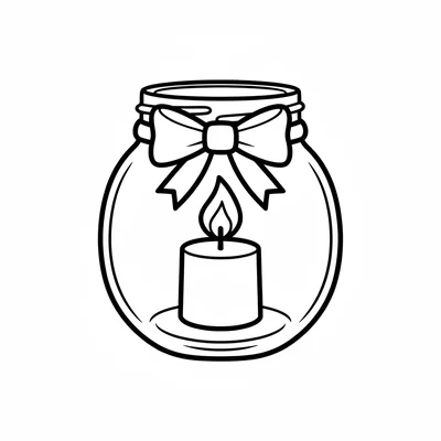 A round glass jar with a candle inside, warm wavy flame rising from the wick coloring page