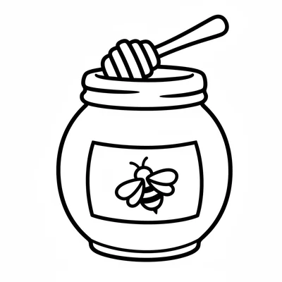 A round honey jar with a wooden honey dipper resting across the open top coloring page