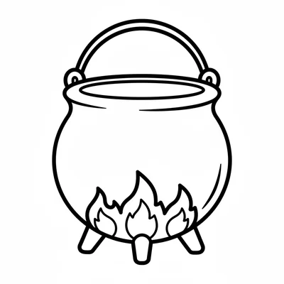 A simple round iron cauldron on three short legs with a simple flame pattern coloring page