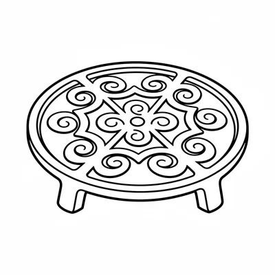A simple round iron trivet with a decorative scrollwork pattern in the center coloring page
