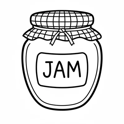 A simple round jam jar with a gingham cloth cap tied with a ribbon on top coloring page