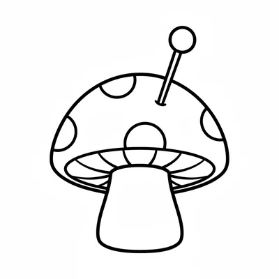 A simple round mushroom pin cushion, a domed red cap with white dots, a short coloring page