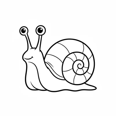 A simple round snail with a spiral shell viewed from the side, two long eye coloring page