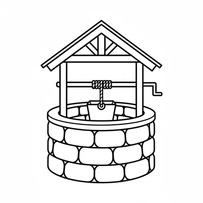 A round stone well with a wooden roof and a rope and bucket hanging down coloring page