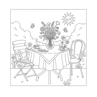 A round table in a garden with a tablecloth, a vase of wildflowers coloring page