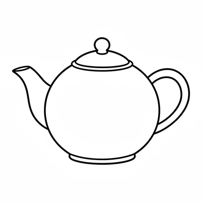 A round teapot with a curved spout, a looped handle, and a domed lid coloring page