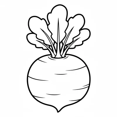 A simple round turnip with leafy green tops at the crown and a round smooth coloring page