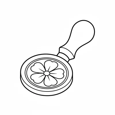 A simple round wax seal stamp with a flower motif face and a wooden handle coloring page