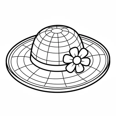A simple round wicker hat with a wide brim and a simple flower decoration coloring page