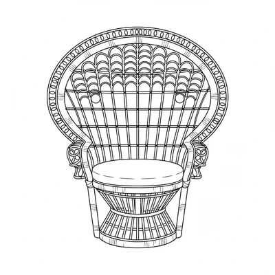 A simple round wicker peacock chair viewed from the front with a large coloring page