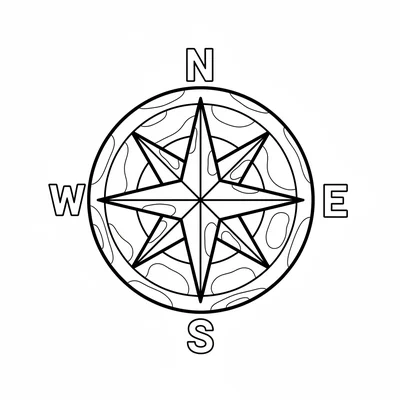 A simple round wooden compass rose carving, the eight-pointed star shape with N coloring page