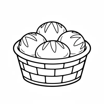 A round woven basket filled with a few round bread loaves, viewed from a slight coloring page