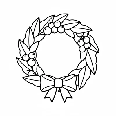 A round wreath made of simple leaves and a few small berries, with a bow tied coloring page