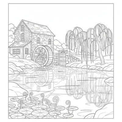 A rural mill pond scene with a stone mill building at one end, a wooden mill coloring page