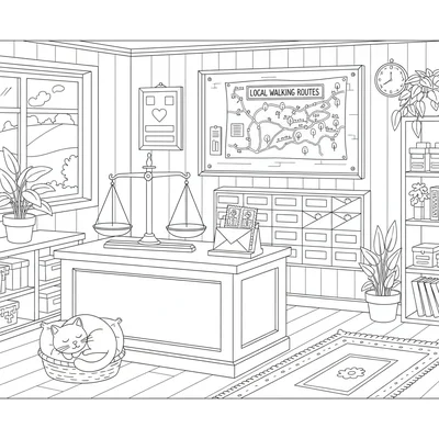 A rural post office interior with wooden counter, old-fashioned brass scales coloring page