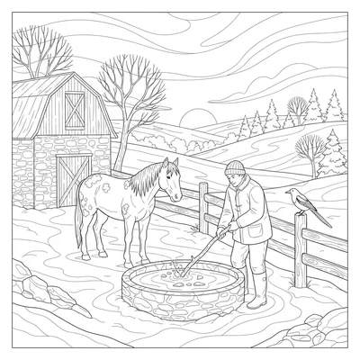 A rural winter morning outdoor scene with a simple stone barn, a horse coloring page