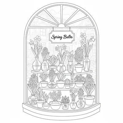 A seasonal bulb display window of a village florist shop with a window full coloring page