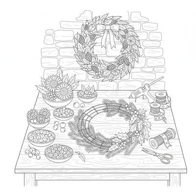 A seasonal wreath-making scene on a kitchen table with a wire frame partly coloring page