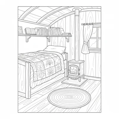 A shepherd's hut interior with a simple wood-burning stove, a fold-down bed coloring page