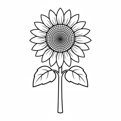 A single full sunflower field plant: thick stalk, two large oval leaves coloring page