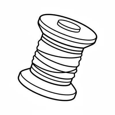 A single round wooden bobbin with thread wound around the middle section coloring page