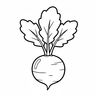 A single whole radish with a round red body and a bunch of green leafy tops coloring page
