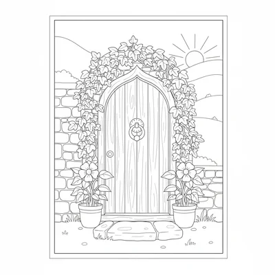 A small stone cottage doorway with an arched frame covered in climbing ivy coloring page