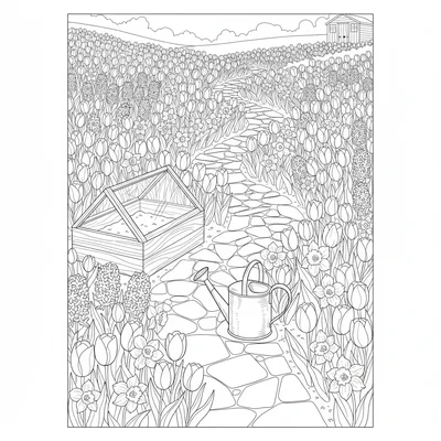 A spring bulb garden with rows of tulips, daffodils, and hyacinths in full coloring page