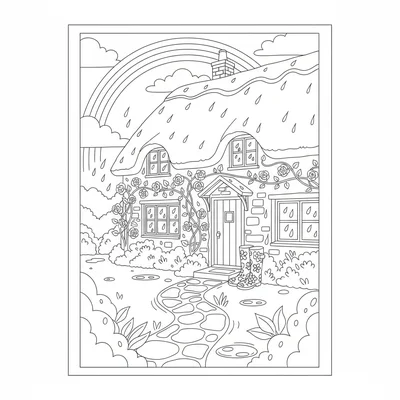 A spring cottage exterior just after rain with a wet stone path leading coloring page