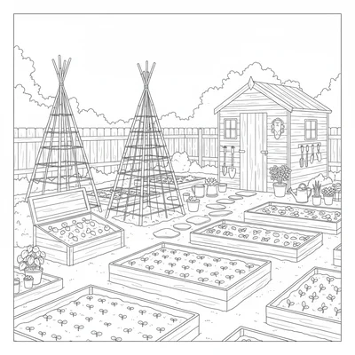 A spring kitchen garden scene with the kitchen garden just coming to life, rows coloring page