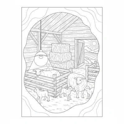 A spring lambing pen scene inside a wooden lambing shed with pens of mother coloring page