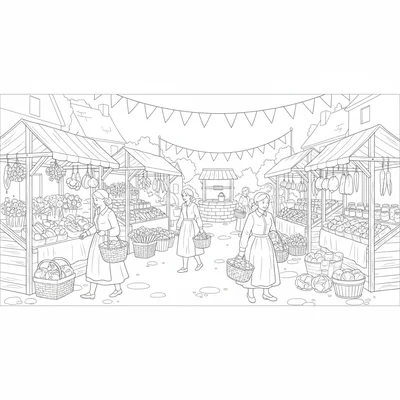 A spring market day scene in a village square with wooden stalls selling coloring page