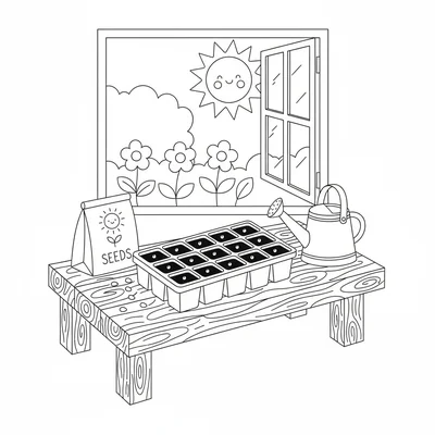 A simple spring seed-sowing scene with a seed tray filled with compost coloring page