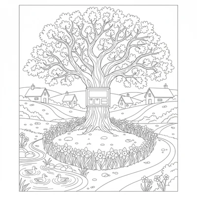 A spring village green scene with an old oak tree at the center, a simple coloring page