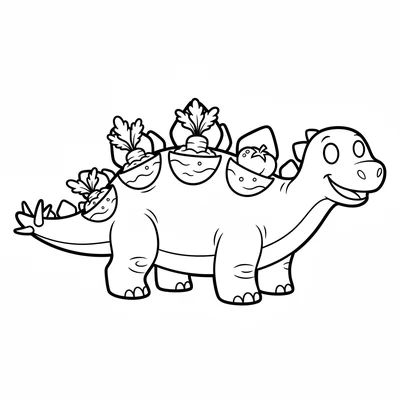 A Stegosaurus in a garden with herbs and vegetables growing between its back pl… coloring page
