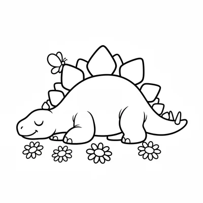 A Stegosaurus lying in a sunny spot in a garden, a simple butterfly resting on… coloring page