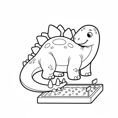 A Stegosaurus using its spiked tail to gently turn the soil in a garden bed, si… coloring page