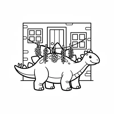A Stegosaurus with a string of drying herbs draped across its back plates like… coloring page
