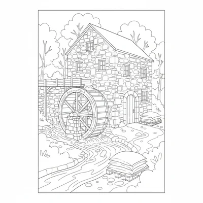 A stone mill with a large water wheel turning in a stream, a millrace running coloring page