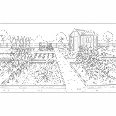 A summer allotment scene with plots separated by simple board edges, one plot coloring page