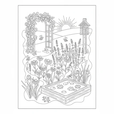 A summer bee and butterfly meadow garden with a central flowering meadow patch coloring page