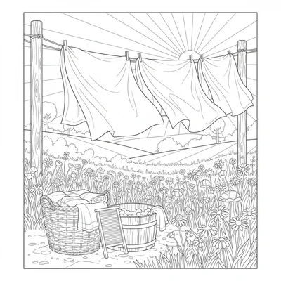 A summer outdoor laundry scene with sheets and linens strung on long lines coloring page